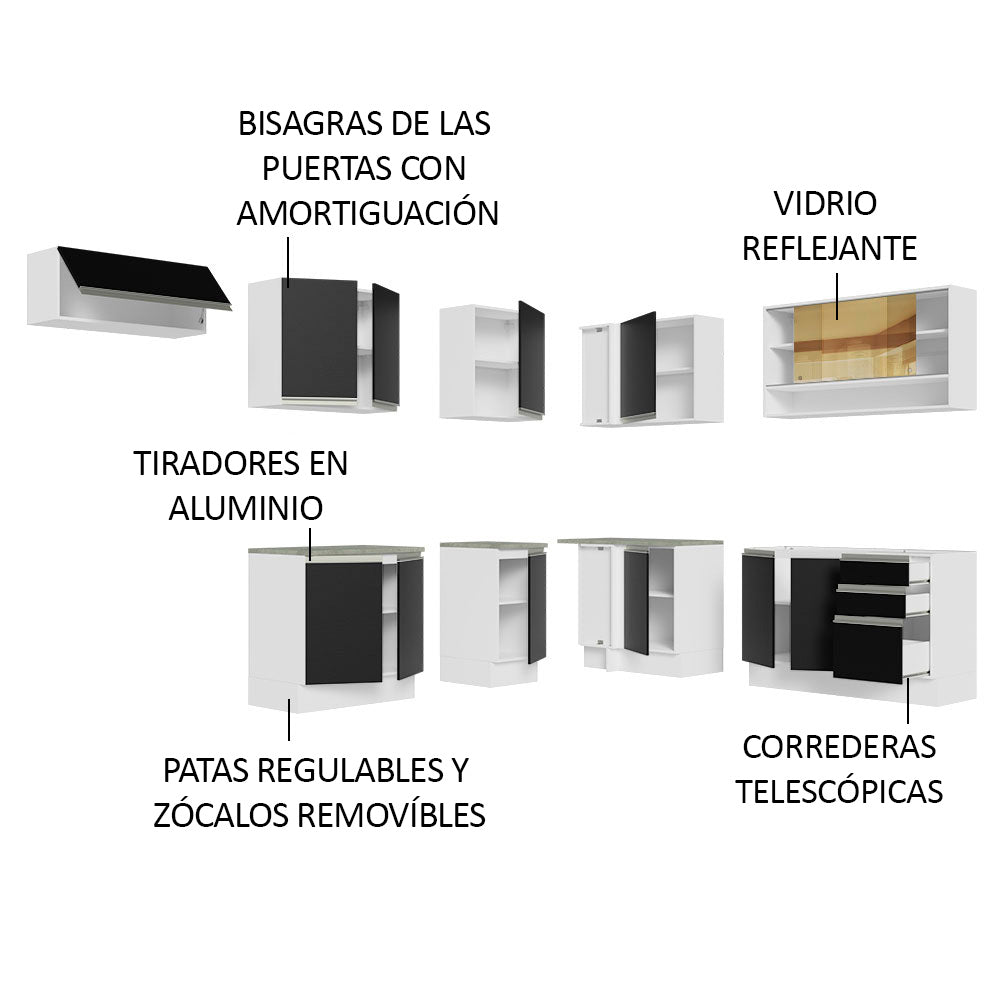 Cocina Integral Esquinera 469cm Blanco/Negro Glamy 01