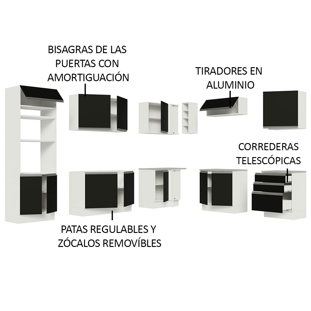Cocina Integral Esquinera 479cm Blanco/Negro Glamy 01
