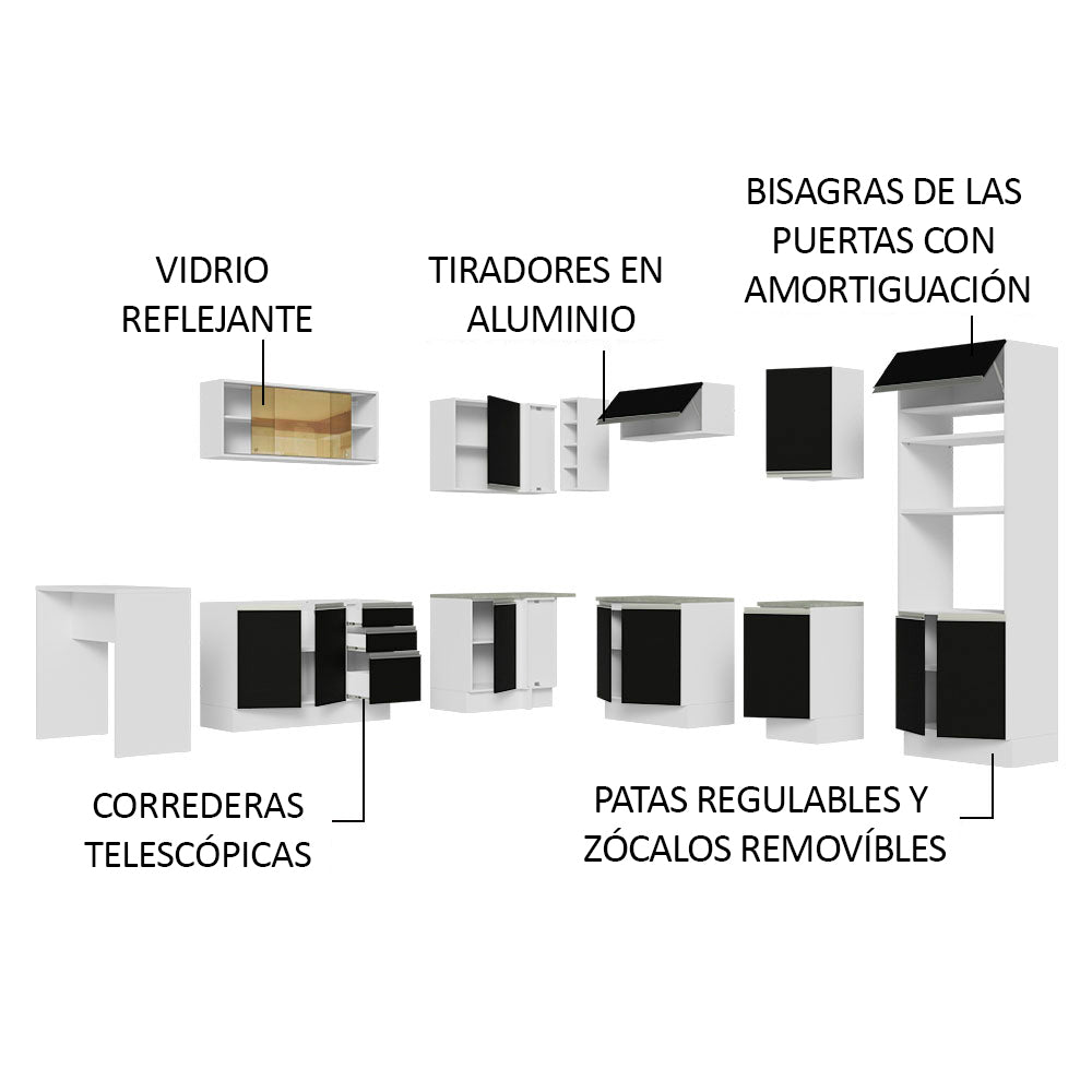 Cocina Integral Esquinera 504cm Blanco/Negro Glamy 01