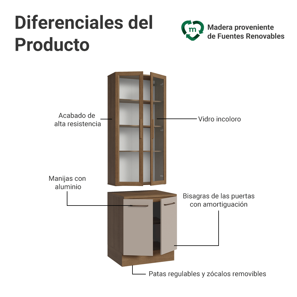 Kit Gabinete + Vitrina 70 cm Marrón/Crema Agata 02