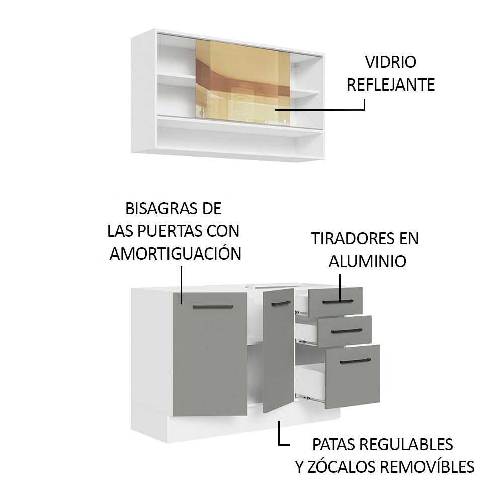 Cocina Compacta 120 x 52 cm 4 Puertas 3 Cajones Blanco/Gris Agata Madesa 01