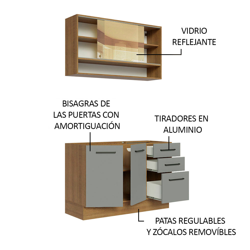 Cocina Compacta 120 x 52 cm 4 Puertas 3 Cajones Marrón/Gris Agata Madesa 01