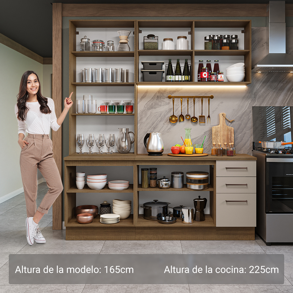 Cocina Compacta 190 cm Con Vitrina Marrón/Crema Agata Madesa