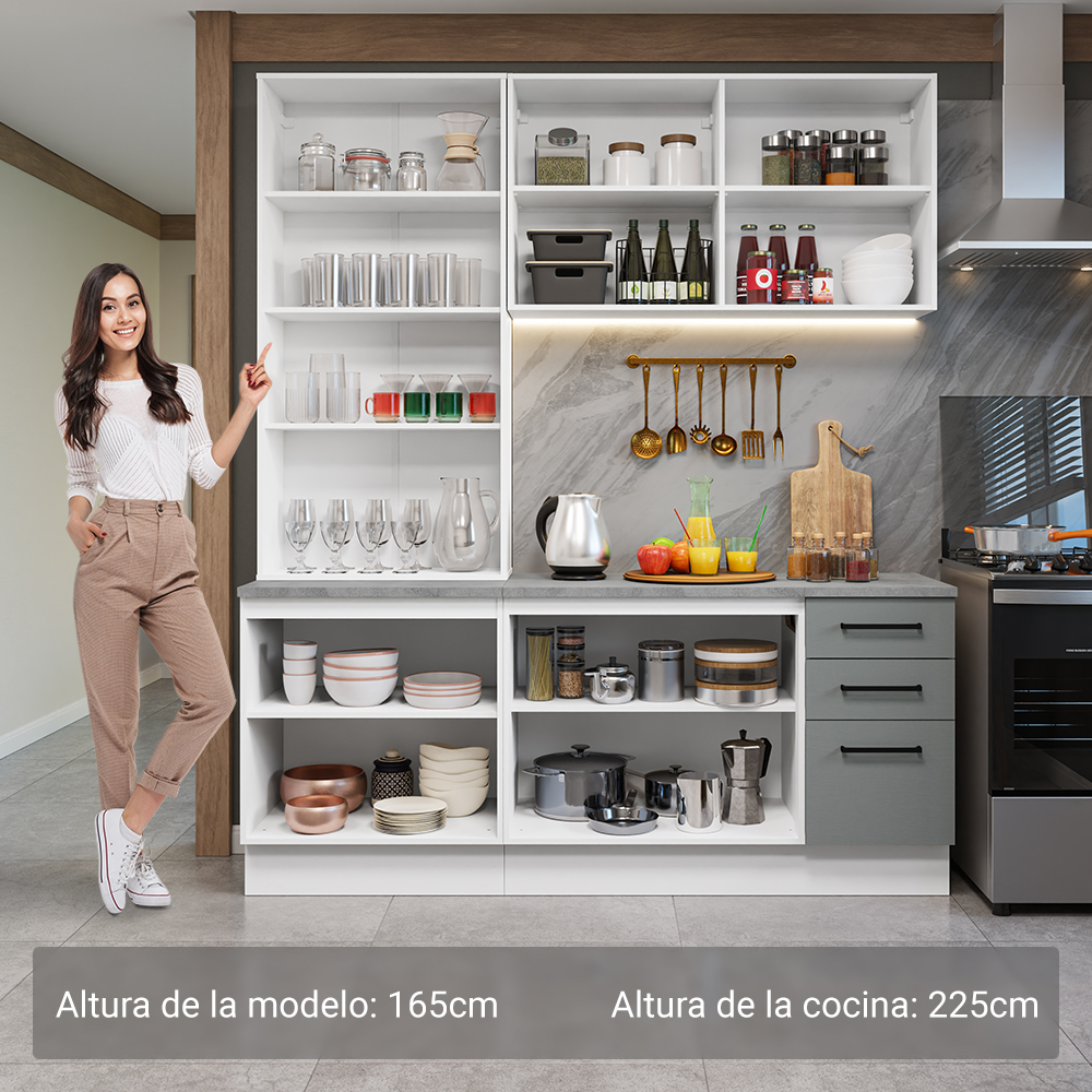 Cocina Compacta 190 cm Con Vitrina Blanco/Gris Agata Madesa