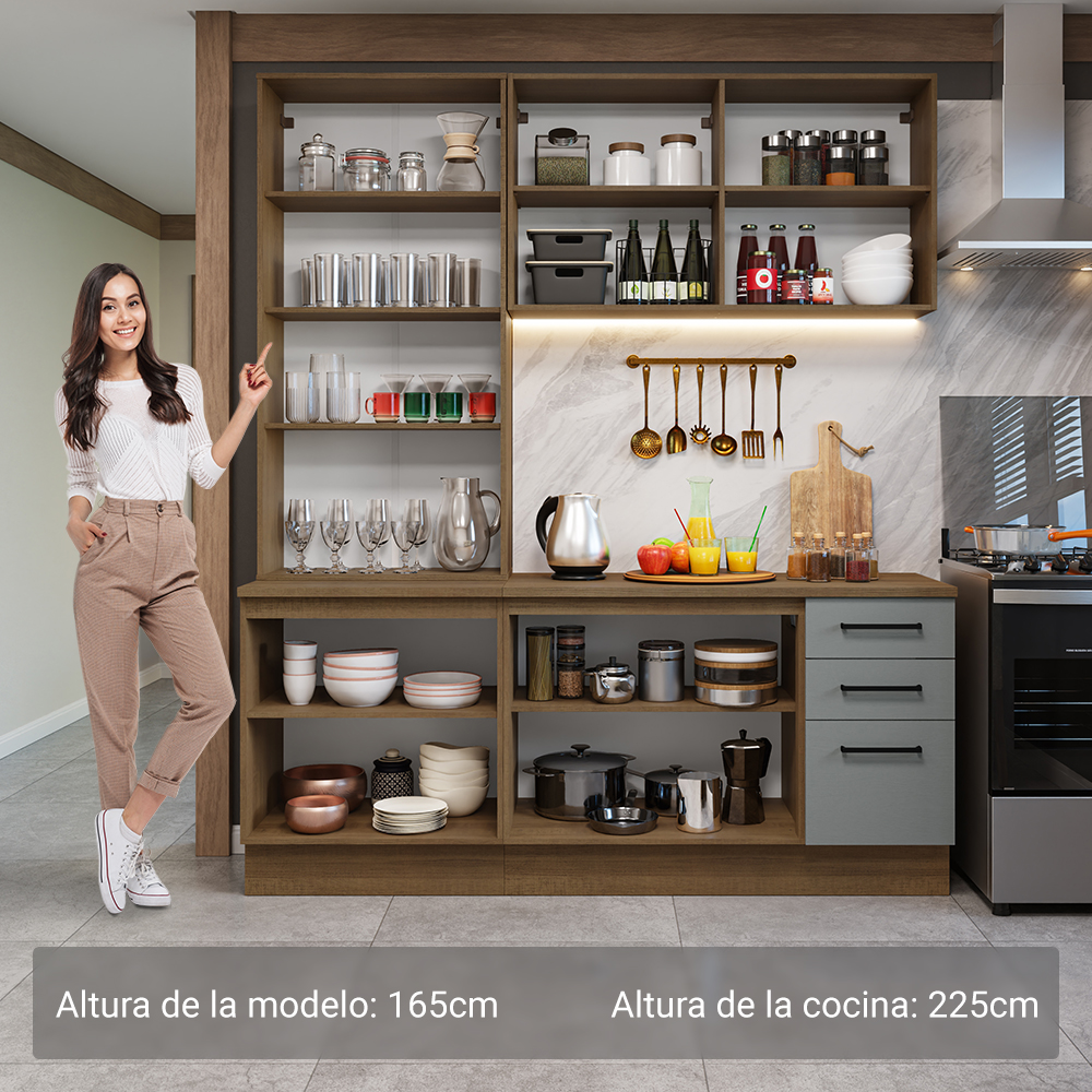 Cocina Compacta 190 cm Con Vitrina Marrón/Gris Agata Madesa
