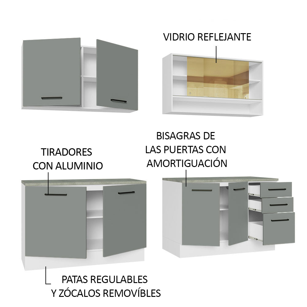 Cocina Compacta 240 x 60 cm 8 Puertas 3 Cajones Blanco/Gris Agata Madesa