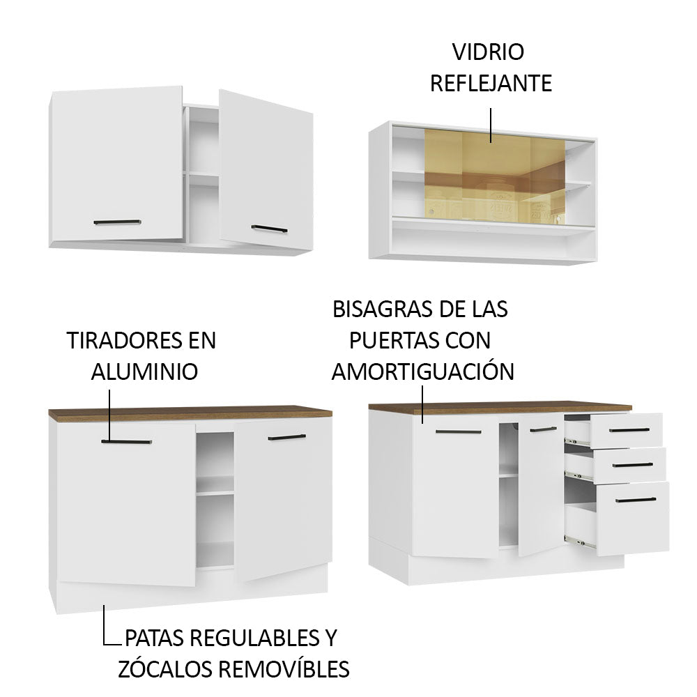 Cocina Compacta 240 x 60 cm 8 Puertas 3 Cajones Blanco/Marrón Agata Madesa