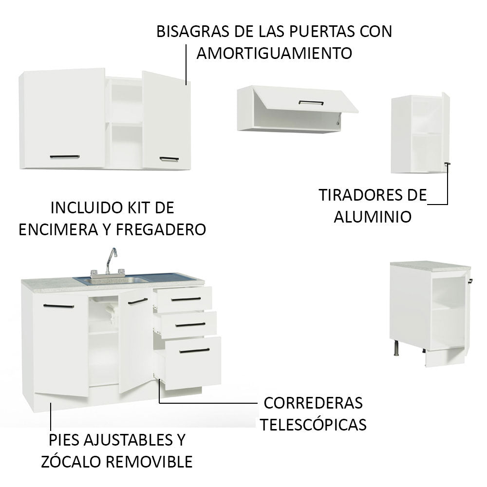 Cocina Compacta 240 x 60 cm Con Fregadero y Accesorios de Cocina Blanco Agata Madesa
