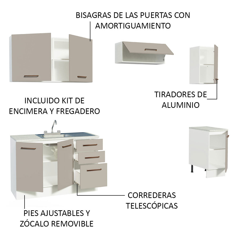 Cocina Compacta 240 cm Con Fregadero y Accesorios de Cocina Blanco/Crema Agata Madesa