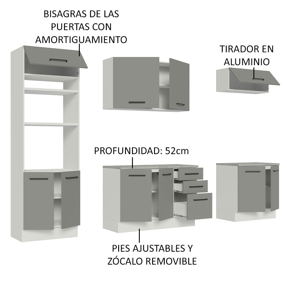 Cocina Integral 270 x 52 cm 10 Puertas 3 Cajones Blanco/Gris Agata Madesa 02