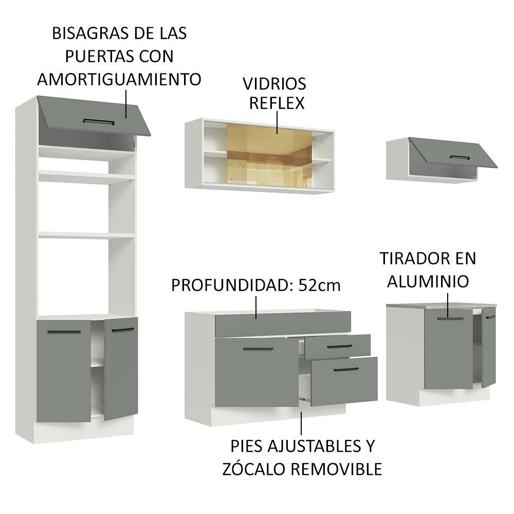 Cocina Integral 270 x 52 cm 9 Puertas 2 Cajones Blanco/Gris Agata Madesa
