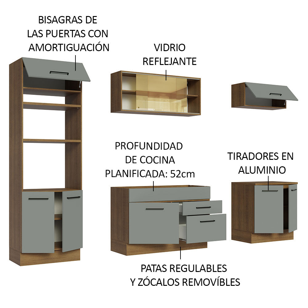Cocina Integral 270 x 52 cm 9 Puertas 2 Cajones Marrón/Gris Agata Madesa