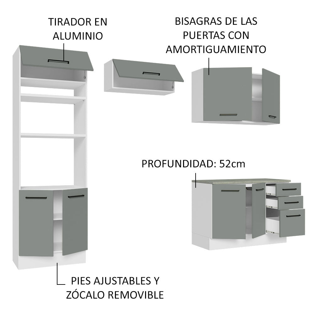 Cocina Integral 270 x 52 cm 8 Puertas 3 Cajones Blanco/Gris Agata Madesa 07