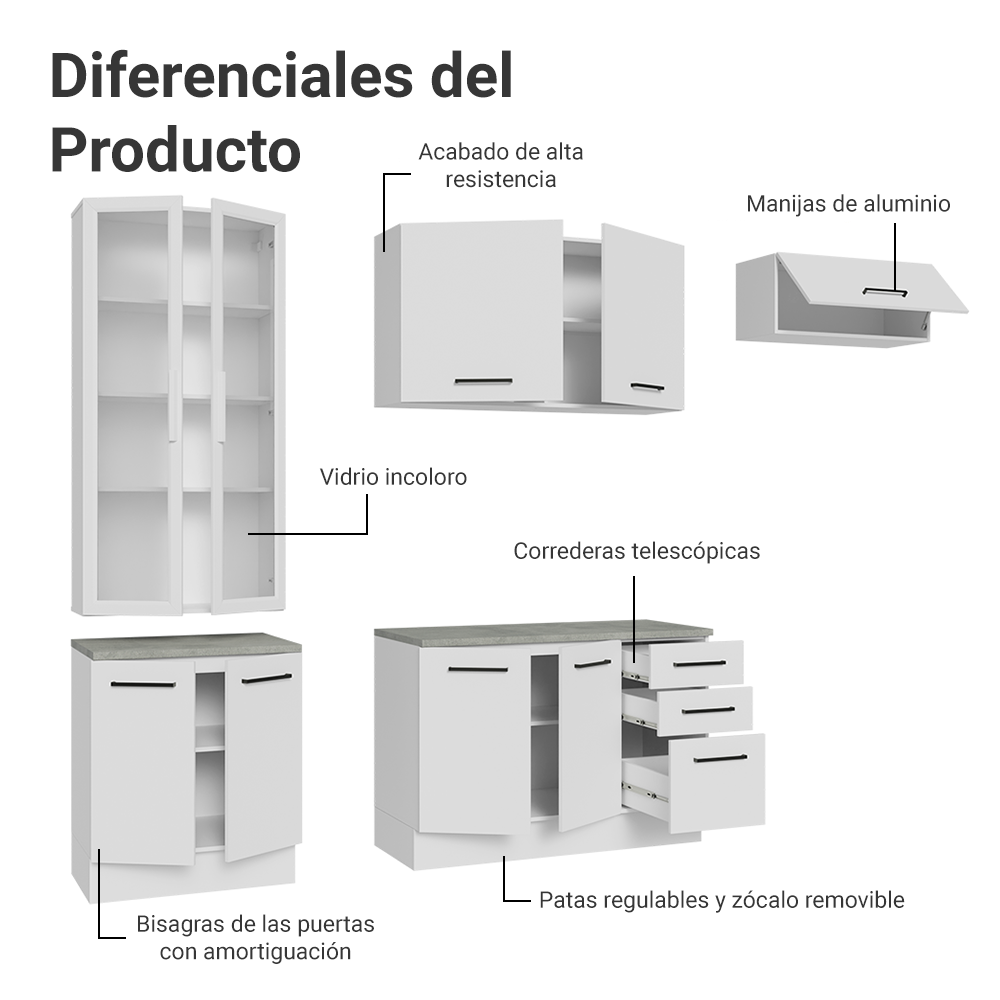 Cocina Integral 270 x 52 cm 9 Puertas 3 Cajones Blanco Agata Madesa