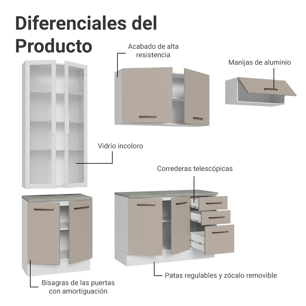 Cocina Integral 270 x 52 cm 9 Puertas 3 Cajones Blanco/Crema Agata Madesa