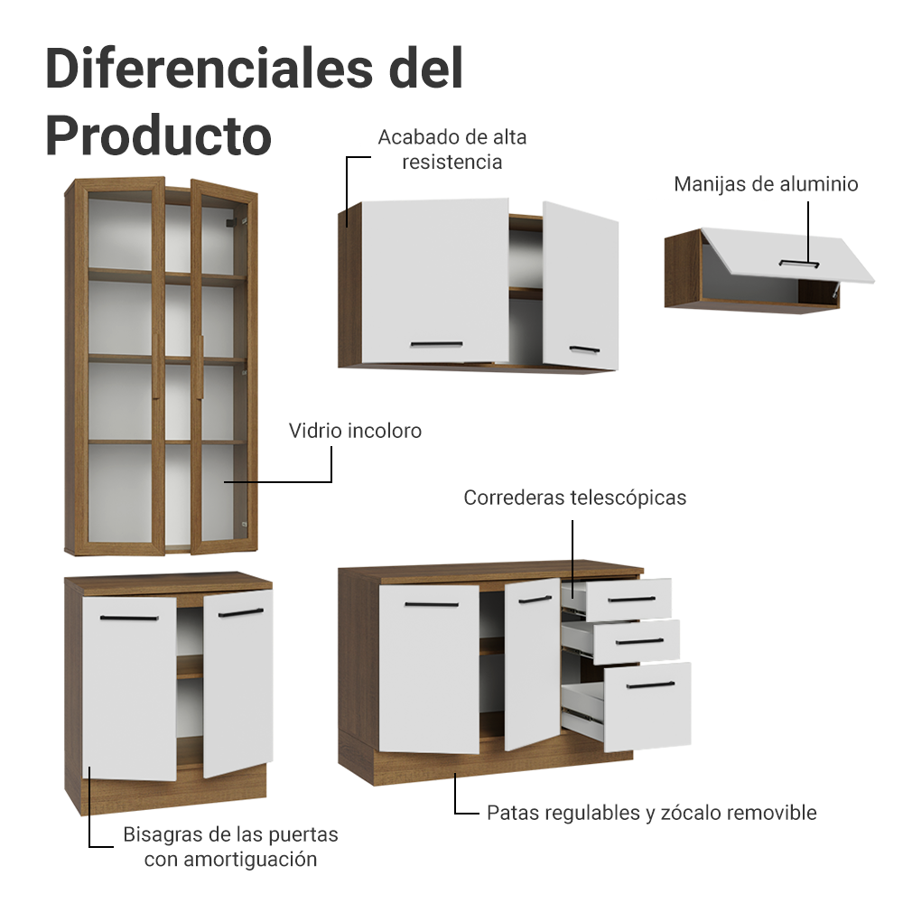 Cocina Integral 270 x 52 cm 9 Puertas 3 Cajones Marrón/Blanco Agata Madesa