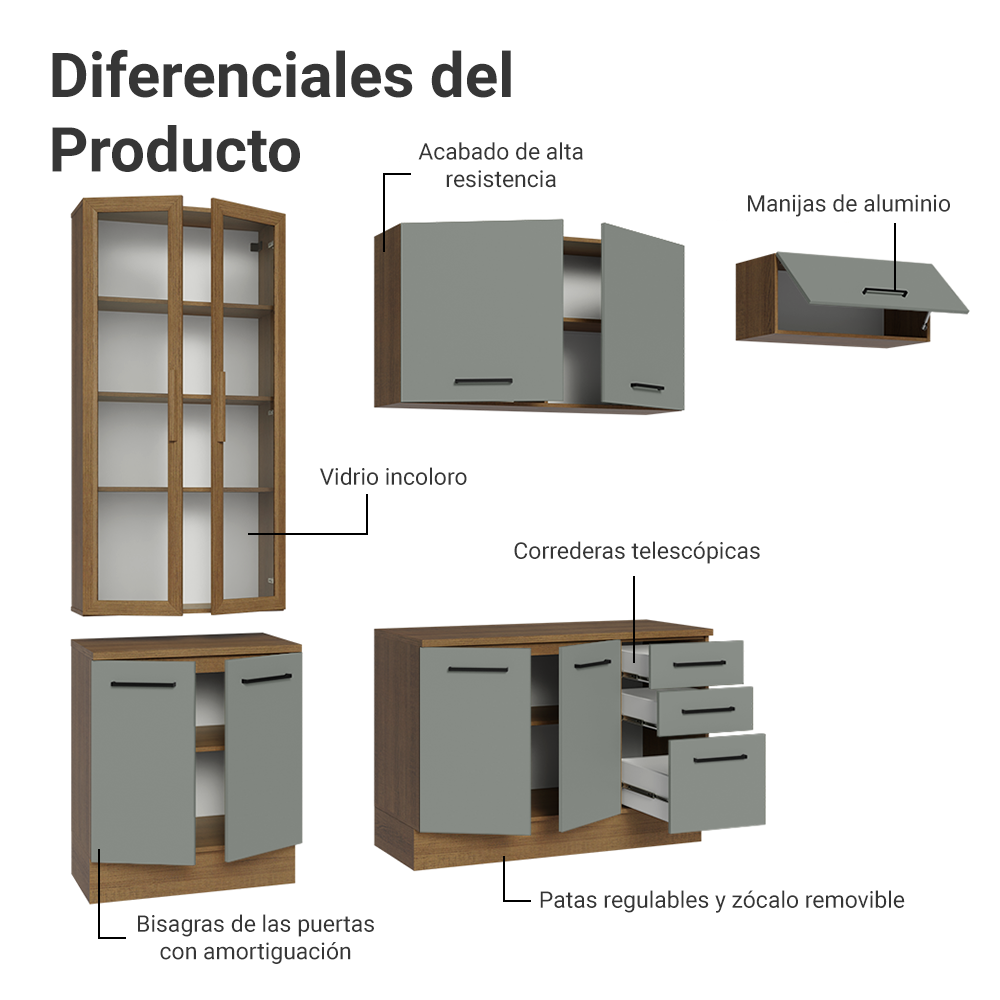 Cocina Integral 270 x 52 cm 9 Puertas 3 Cajones Marrón/Gris Agata Madesa