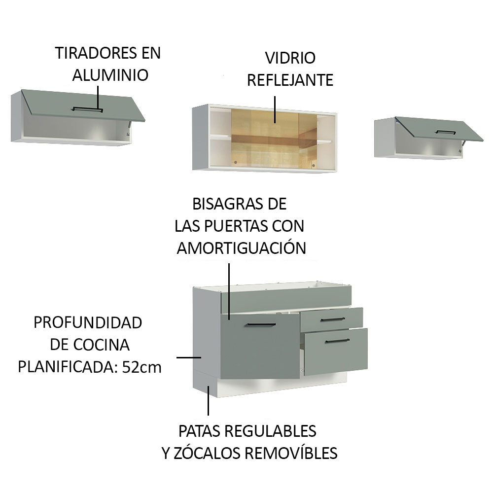 Cocina Integral 280 x 52 cm 5 Puertas 2 Cajones Blanco/Gris Agata Madesa