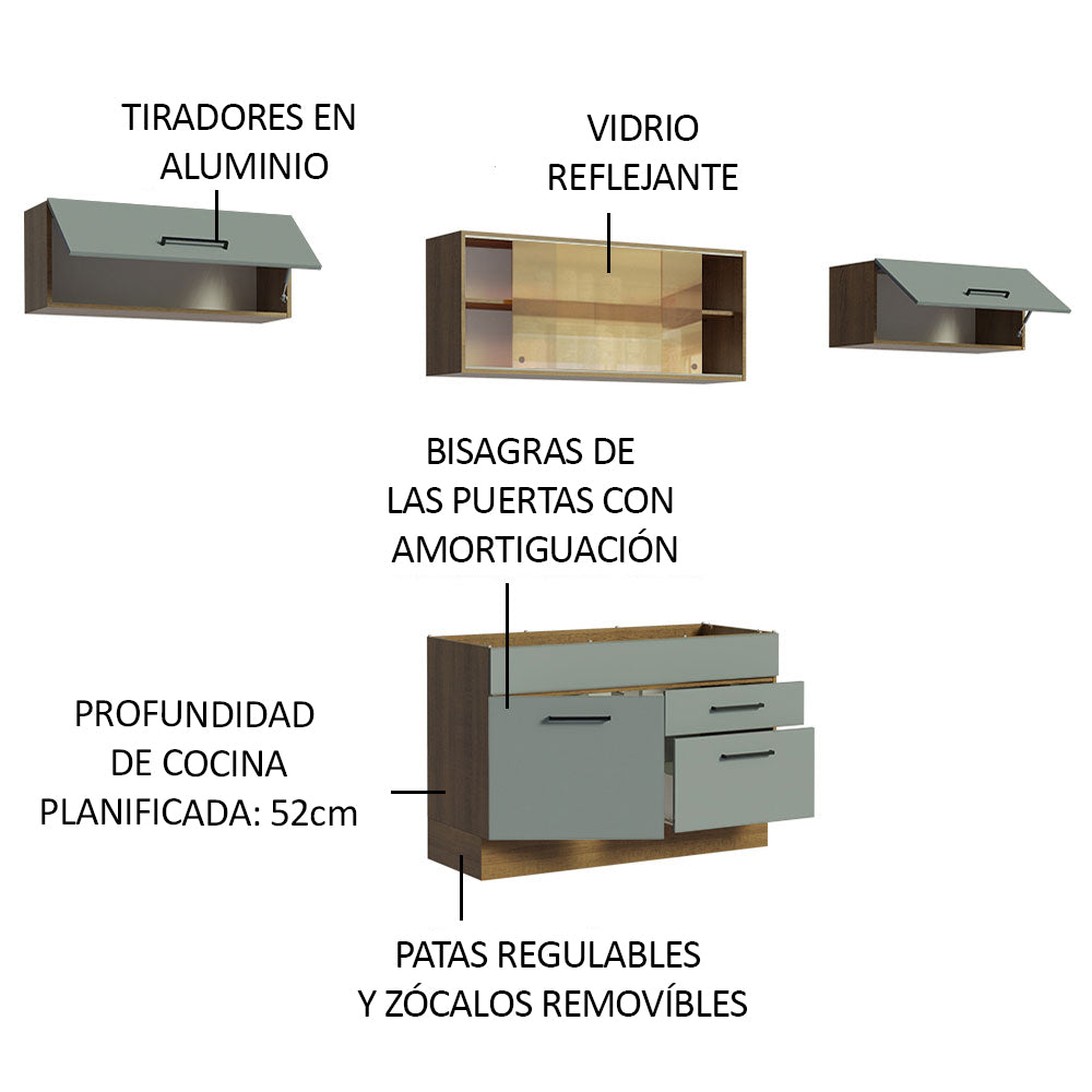 Cocina Integral 280 x 52 cm 5 Puertas 2 Cajones Marrón/Gris Agata Madesa