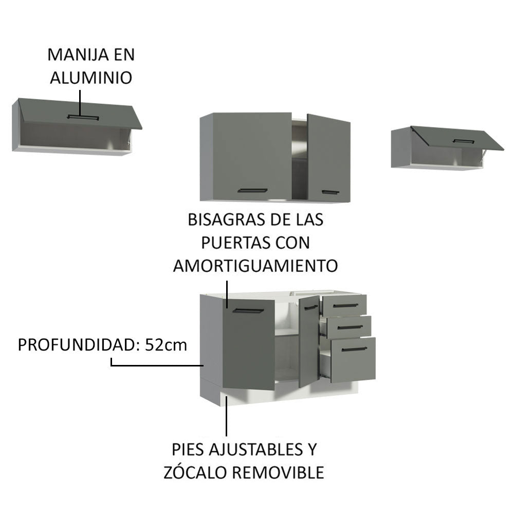 Cocina Integral 280 x 52 cm 5 Puertas 3 Cajones Blanco/Gris Agata Madesa 02