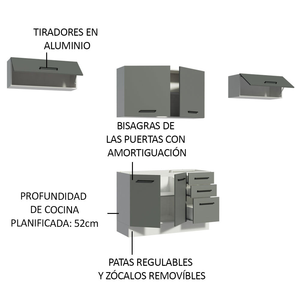 Cocina Integral 280 x 52 cm 5 Puertas 3 Cajones Blanco/Gris Agata Madesa 02