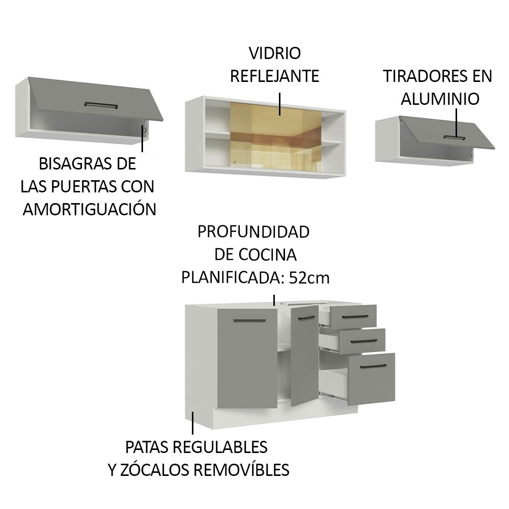 Cocina Integral 280 x 52 cm 5 Puertas 3 Cajones Blanco/Gris Agata Madesa 03