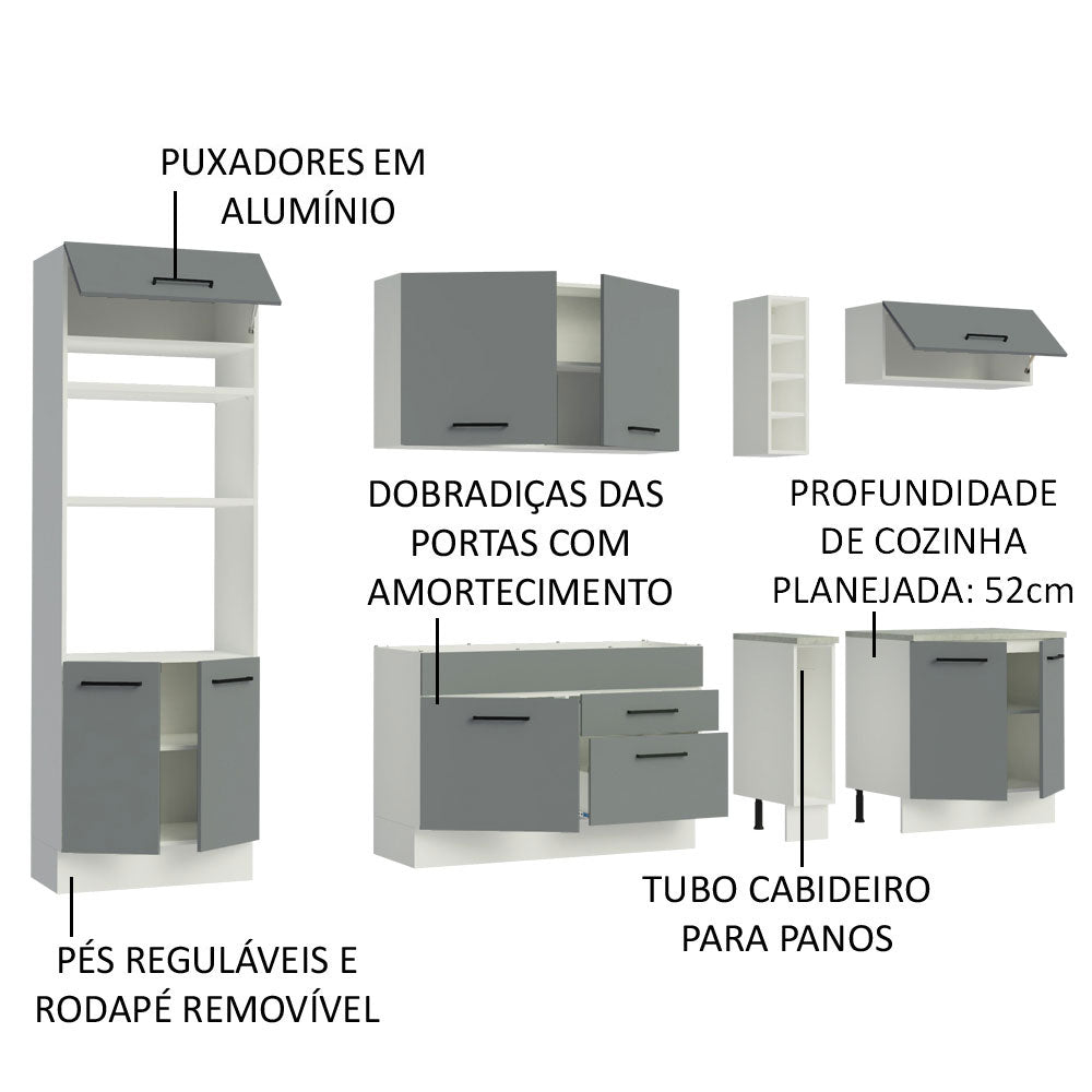 Cocina Integral 290 x 52 cm 9 Puertas 2 Cajones Con Mueble para Horno Blanco/Gris Agata Madesa
