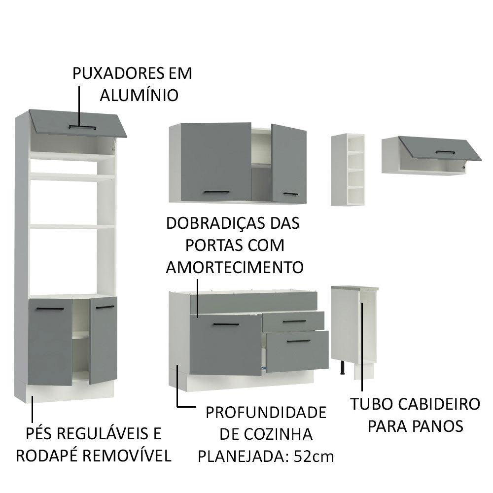 Cocina Integral 290 x 52 cm 7 Puertas 2 Cajones Con Mueble para Horno Blanco/Gris Agata Madesa
