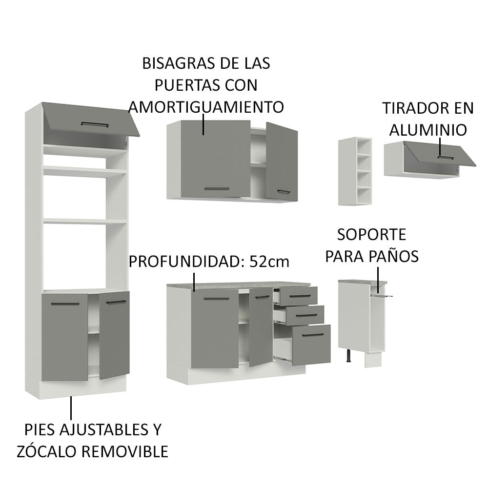 Cocina Integral 290 x 52 cm 8 Puertas 3 Cajones Con Mueble para Horno Blanco/Gris Agata Madesa 04