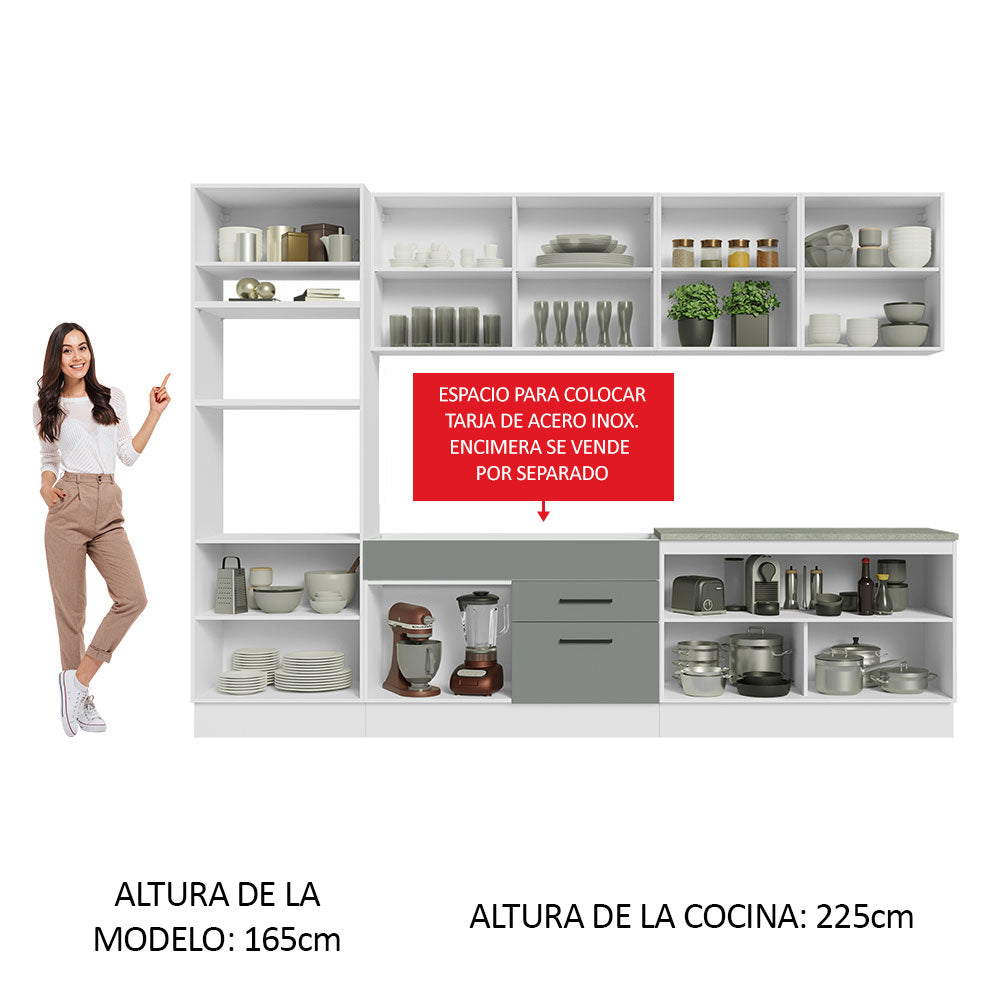 Cocina Integral 310 x 52 cm 9 Puertas 2 Cajones Con Mueble para Horno Blanco/Gris Agata Madesa