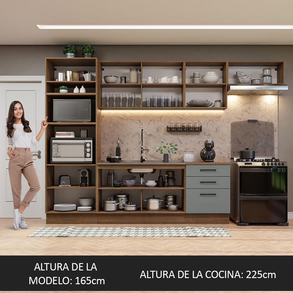 Cocina Integral 330 x 52 cm 9 Puertas 3 Cajones Con Mueble para Horno Marrón/Gris Agata Madesa