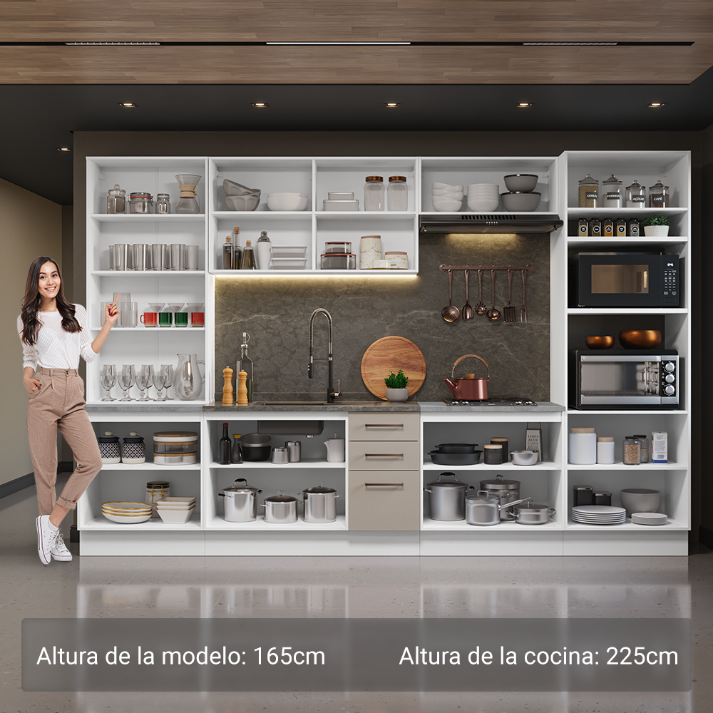 Cocina Integral 340 cm Con Mueble para Horno y Vitrina Blanco/Crema Agata Madesa