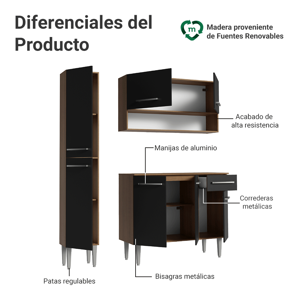Cocina Compacta 137 cm Emilly Marrón/Negro 012