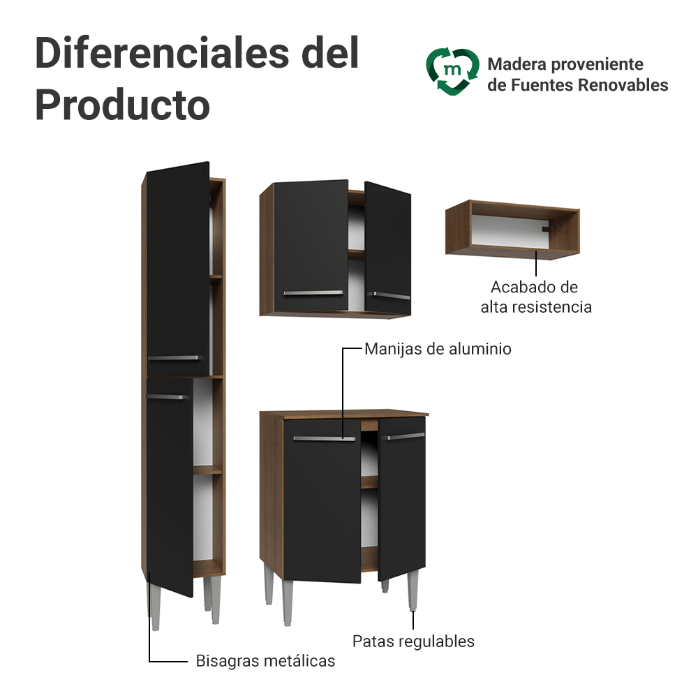 Cocina Compacta 156 cm Emilly Marrón/Negro 01