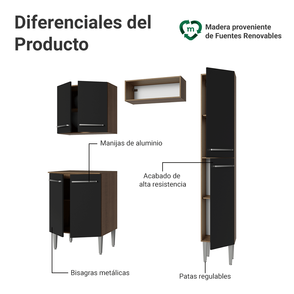 Cocina Compacta 156 cm Marrón/Negro Emilly Madesa