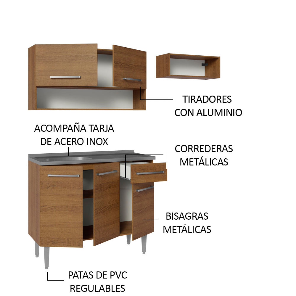 Cocina Compacta 165 cm 5 Puertas 1 Cajón Con Fregadero Marrón Emilly Madesa 09