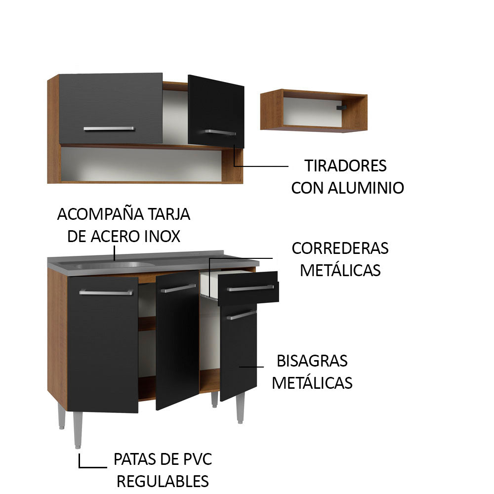 Cocina Compacta 165 cm 5 Puertas 1 Cajón Con Fregadero Marrón/Negro Emilly Madesa 09