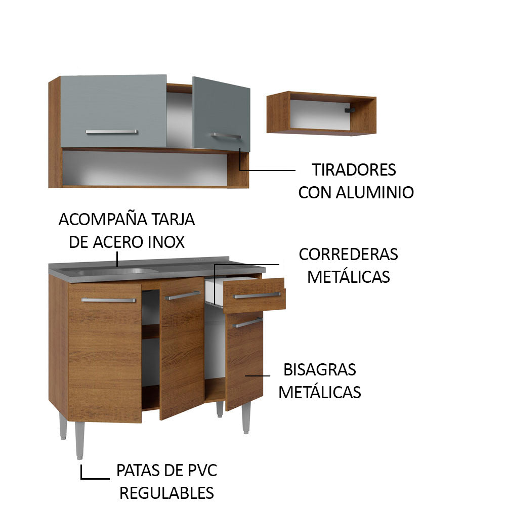 Cocina Integral 165cm con Tarja Marrón/Gris Emilly 09
