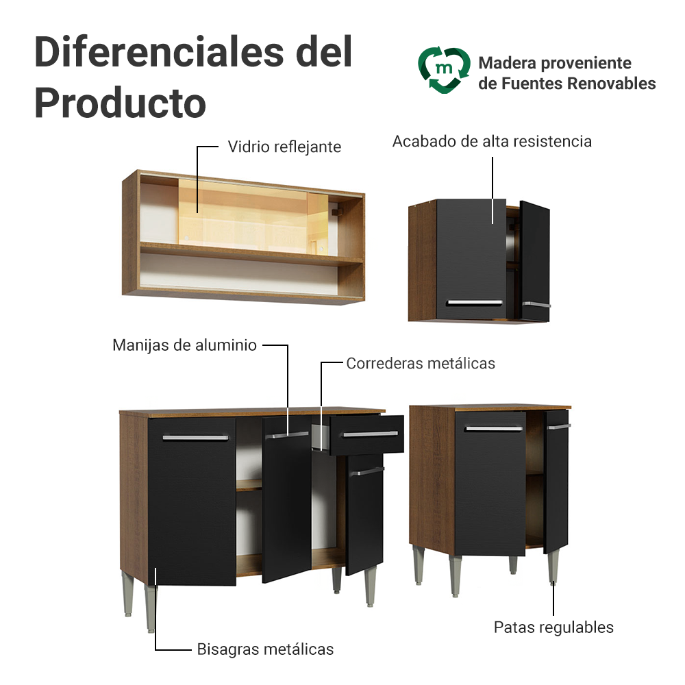 Cocina Compacta 169cm Marrón/Negro Emilly Dance 07