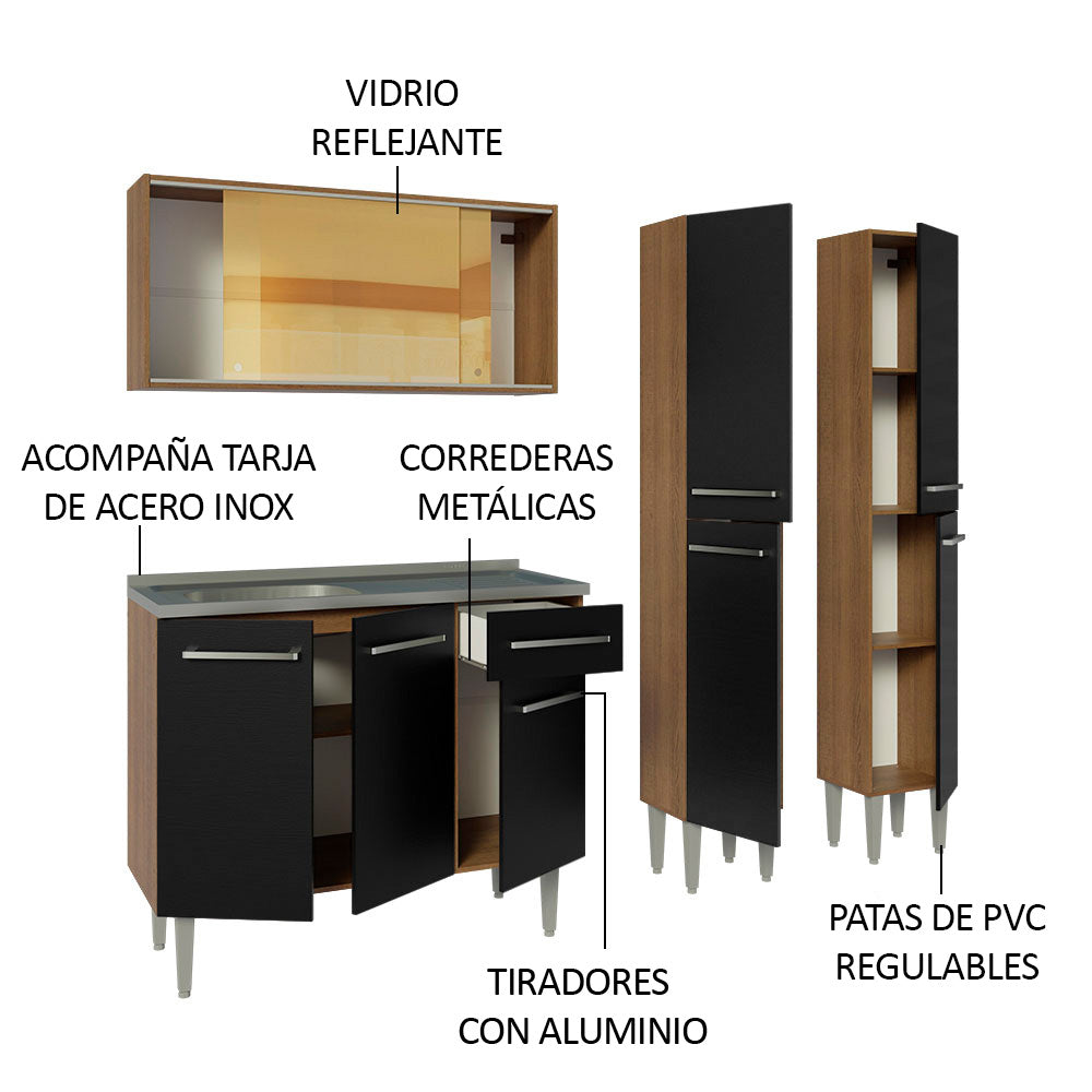 Cocina Compacta 169 cm Con Fregadero Marrón/Negro Emilly Madesa