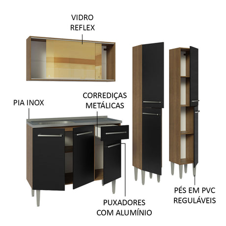 Cocina Compacta 169cm Com Mesón de Acero Marrón/Negro Emilly Madesa 12