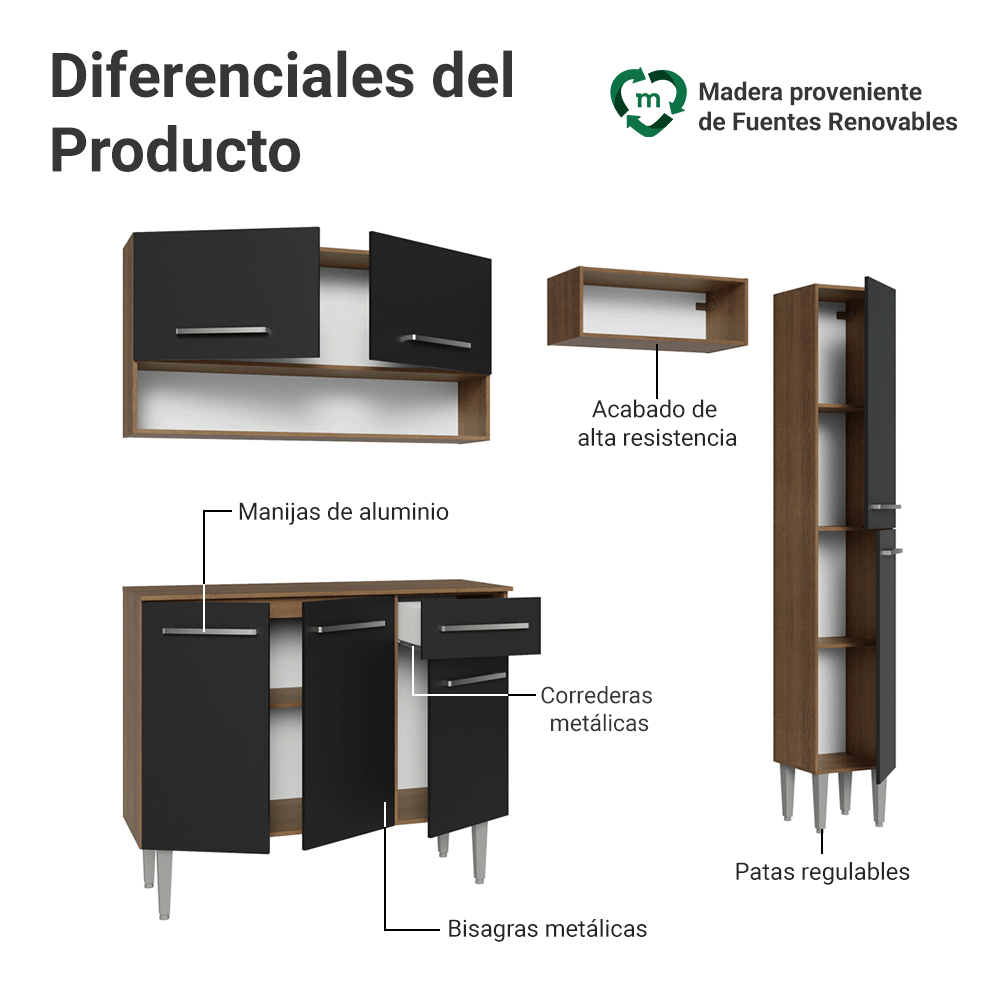 Cocina Compacta 197 cm Emilly Marrón/Negro 01