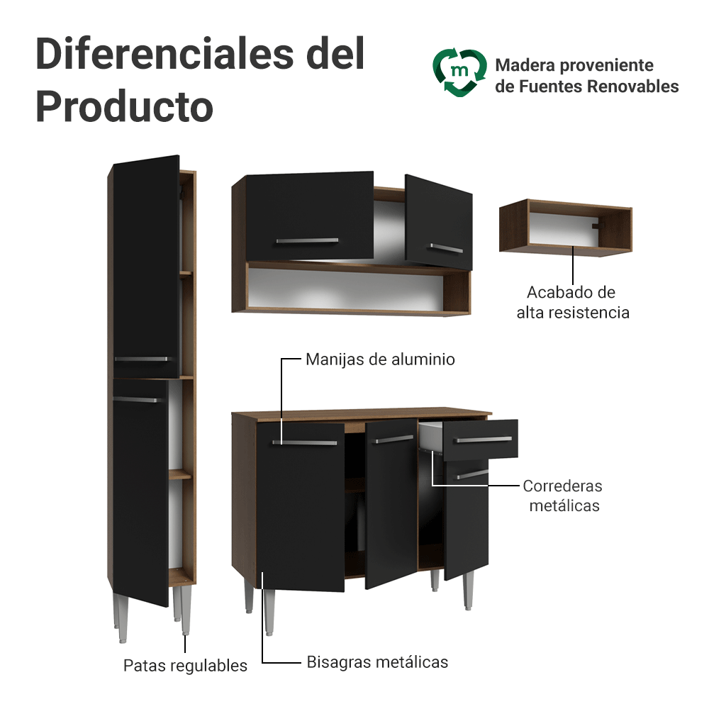 Cocina Compacta 197 cm Marrón/Negro Emilly Madesa