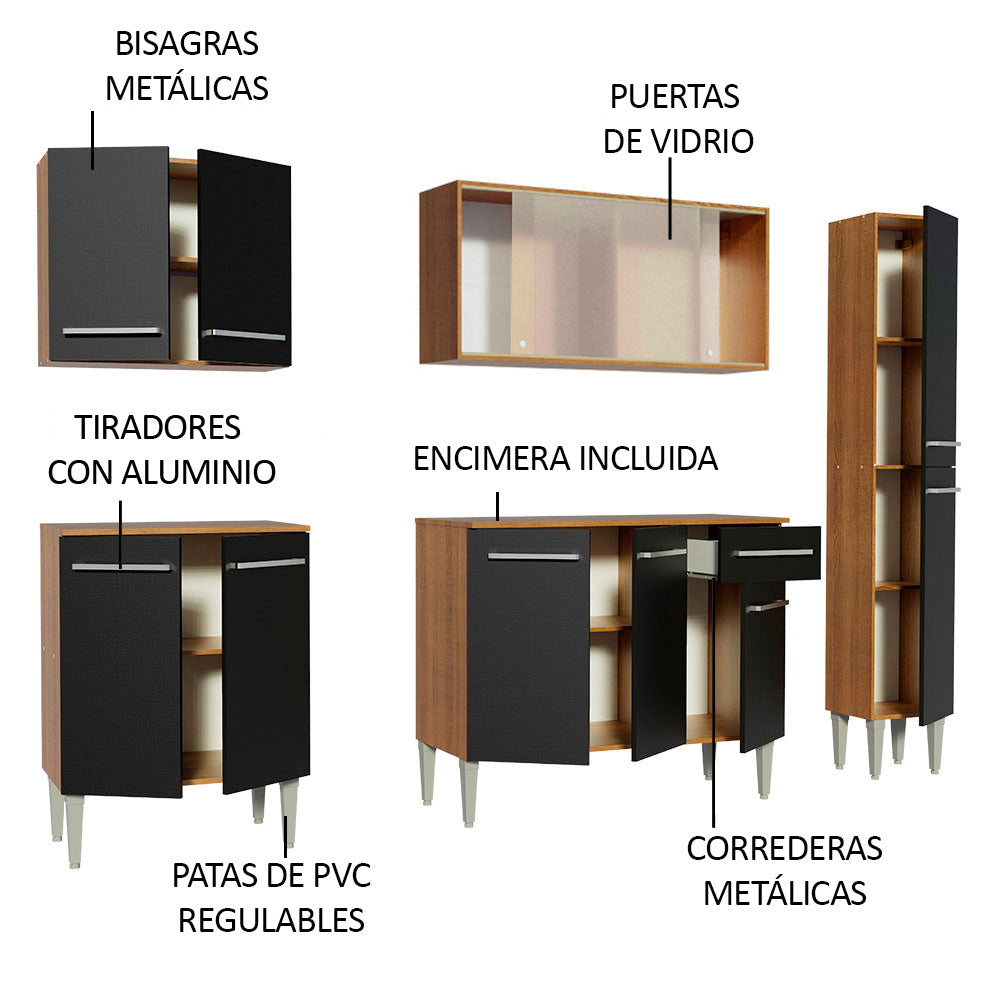 Cocina Compacta 201 cm 11 Puertas 1 Cajón Marrón/Negro Emilly Madesa 02