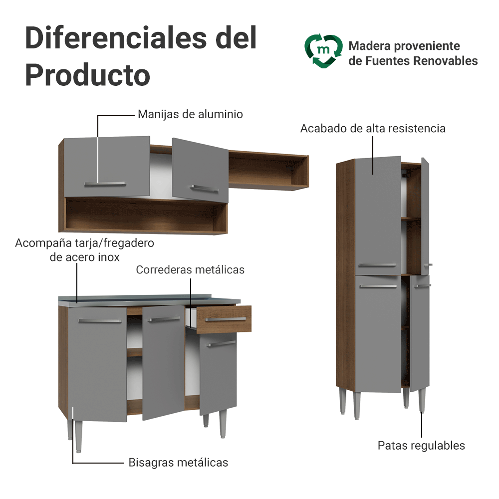 Cocina Integral 229cm con Fregadero Marrón/Gris Emilly 10
