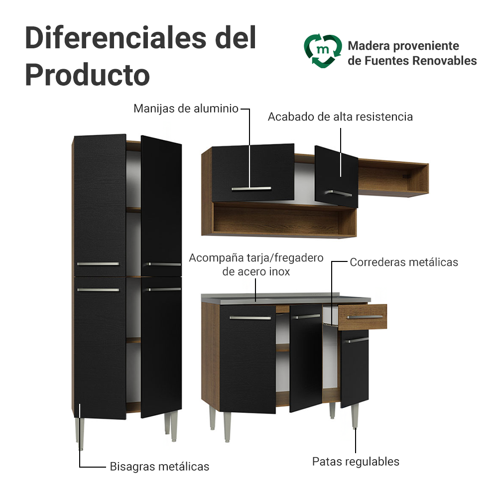 Cocina Integral 229cm con Fregadero Marrón/Negro Emilly 12