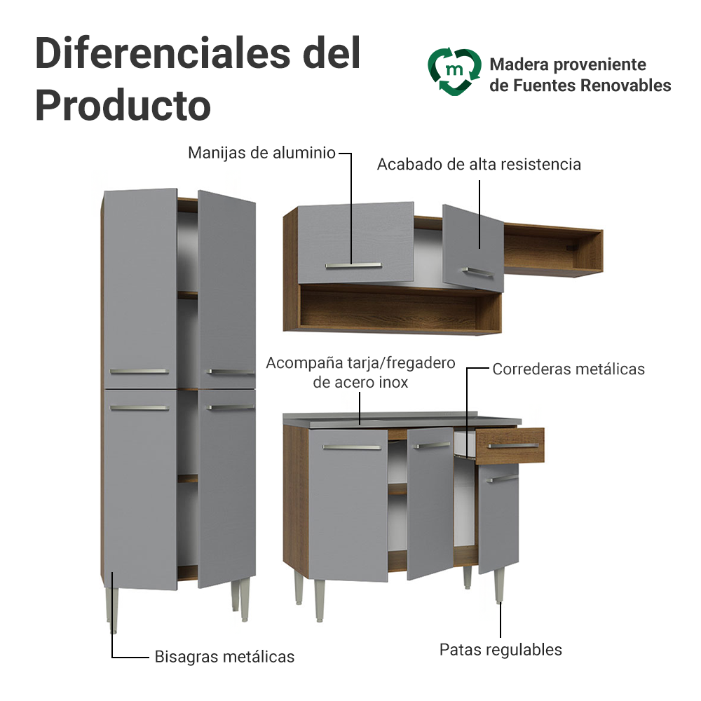 Cocina Integral 229cm con Fregadero Marrón/Gris Emilly 12