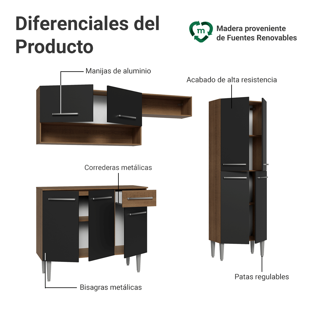 Cocina Compacta 229 cm Marrón/Negro Emilly Madesa
