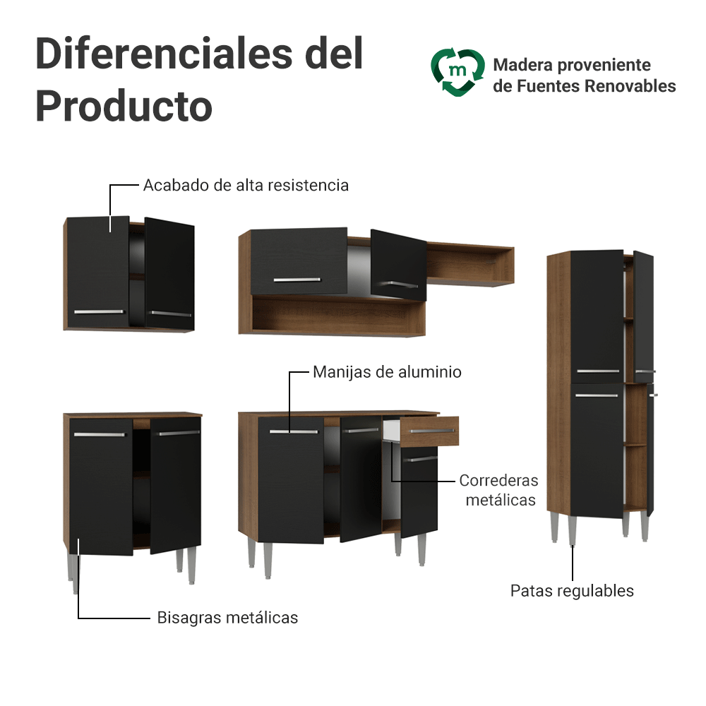 Cocina Integral 293 cm 13 Puertas 1 Cajón Marrón/Negro Emilly Madesa 01