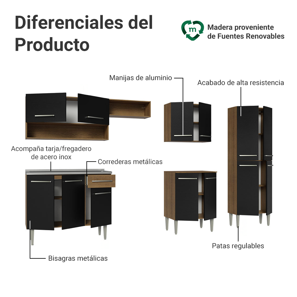 Cocina Integral 293cm con Fregadero Marrón/Negro Emilly 09